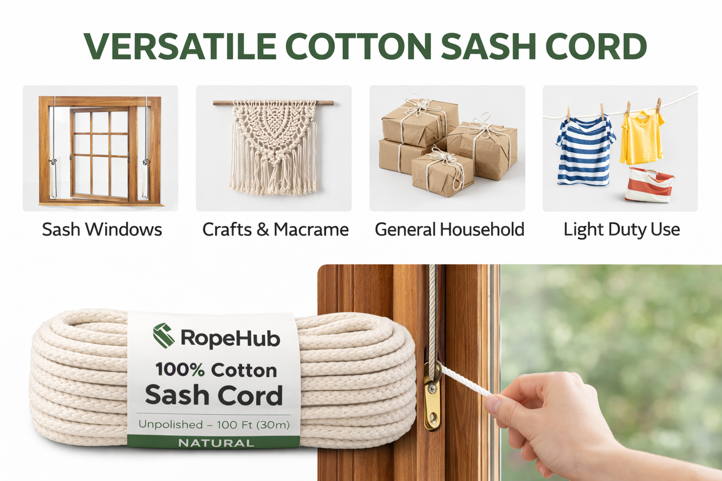 Cotton Sash Cord Natural White, Window Sash Replacement, Clotheslines, Theater, All-Purpose Rope