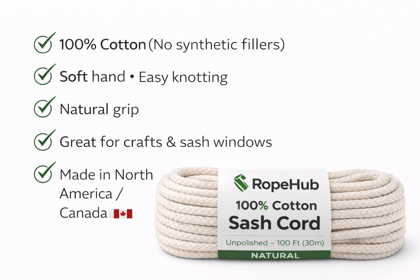 Cotton Sash Cord Natural White, Window Sash Replacement, Clotheslines, Theater, All-Purpose Rope