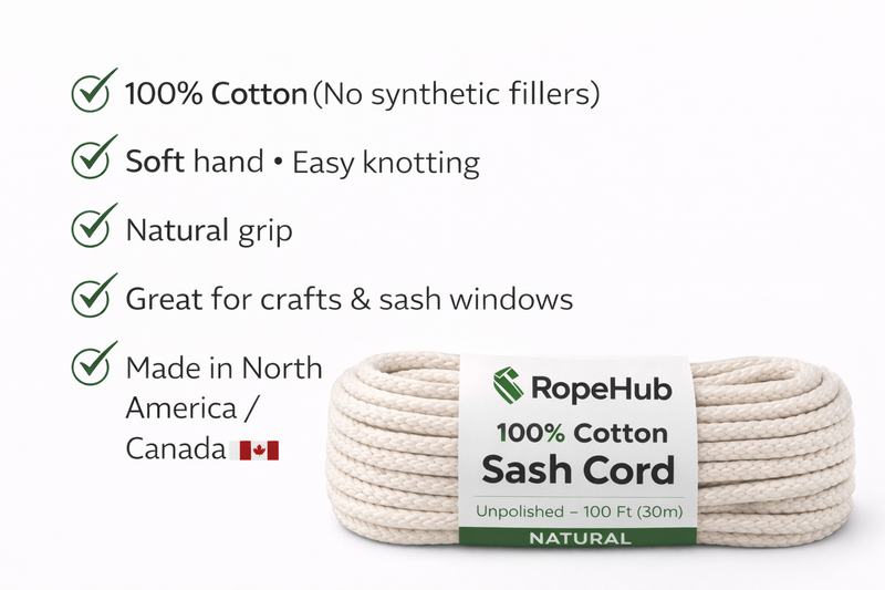 Cotton Sash Cord Natural White, Window Sash Replacement, Clotheslines, Theater, All-Purpose Rope