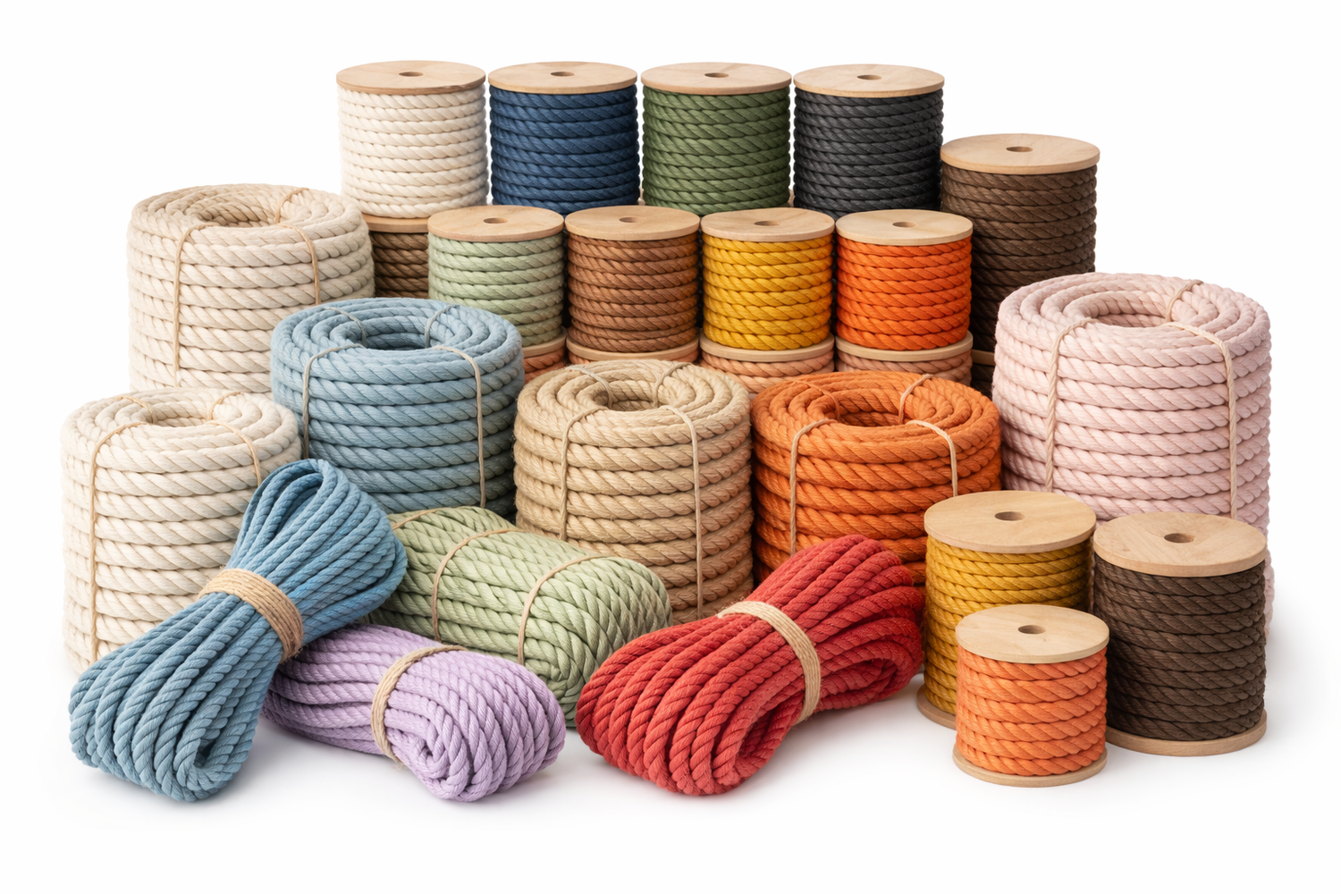 Assorted colorful ropes in various colors on a white background