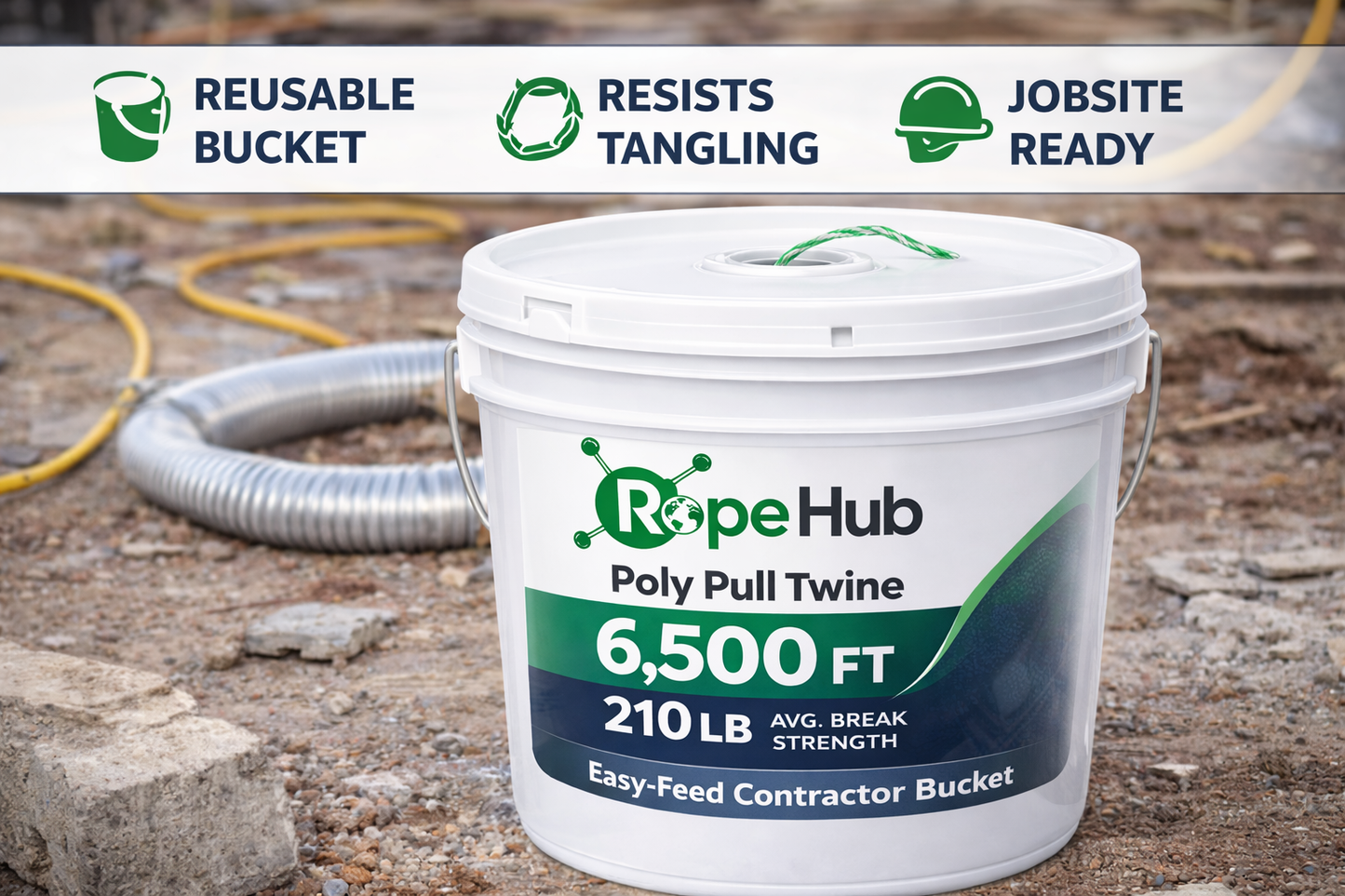 RopeHub Poly Pull Twine in Bucket - 6,500 FT - 210 LB Avg. Break Strength