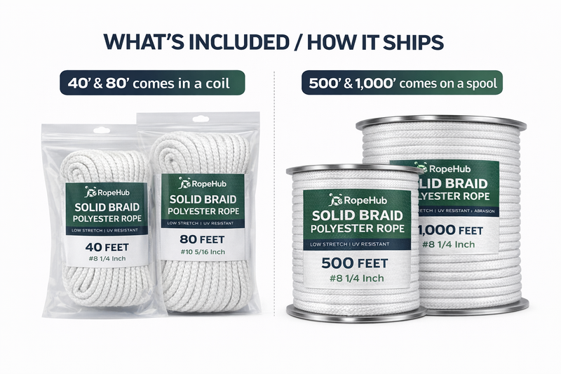 Solid Braid High-Performance Polyester Rope (White) — Flagpole Halyard / Marine Rigging Line (40–1000 ft)
