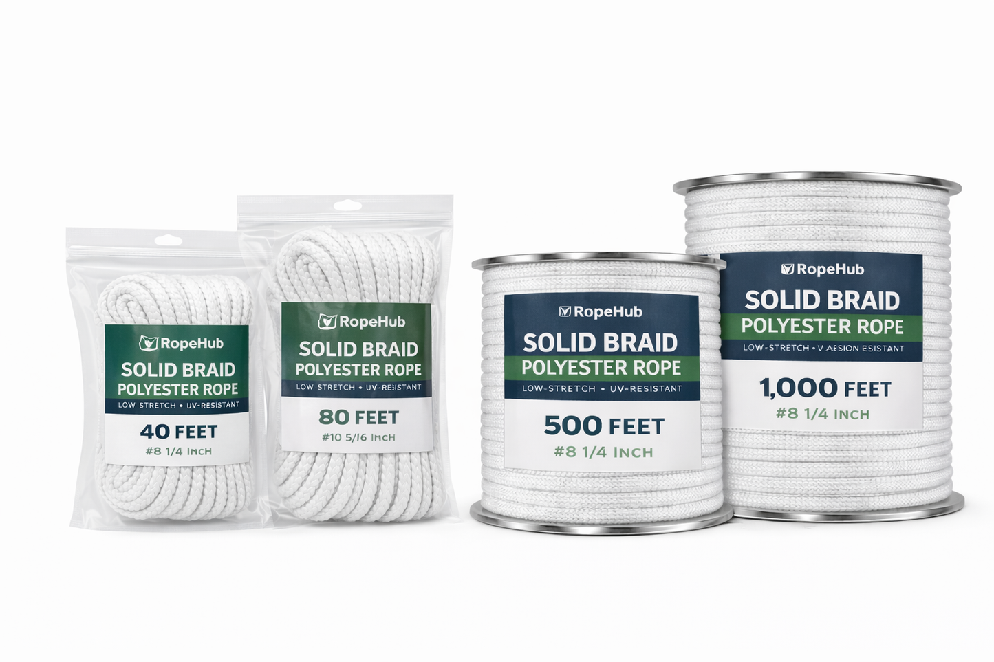 Solid Braid High-Performance Polyester Rope (White) — Flagpole Halyard / Marine Rigging Line (40–1000 ft)
