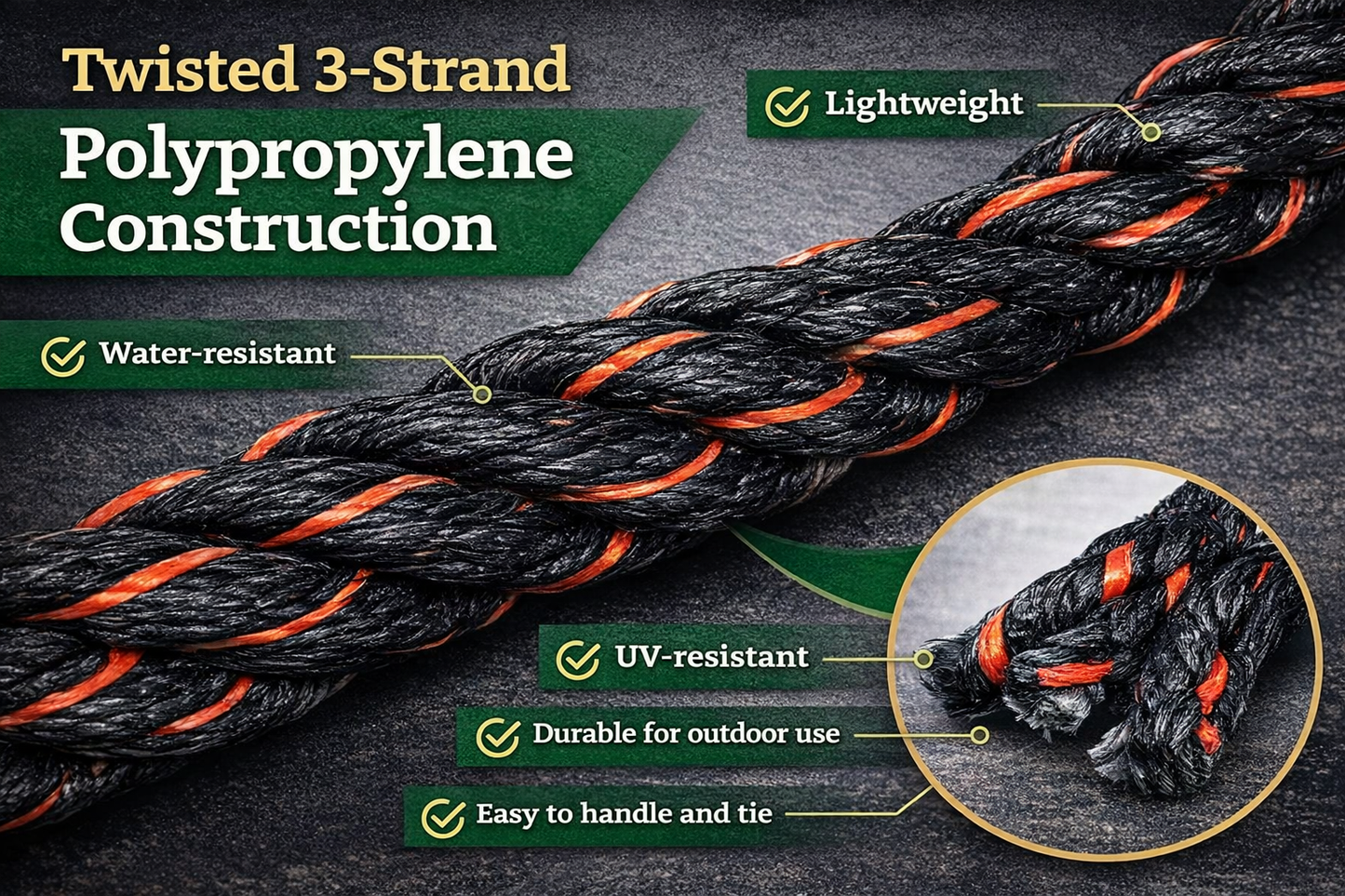 Polypro California Truck Rope (3/8 inch - 3/4 inch) Twisted Polypropylene Rope - Floating Rope (10 ft - 600 ft, Black and Orange)