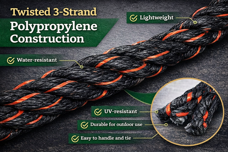 Polypro California Truck Rope (3/8 inch - 3/4 inch) Twisted Polypropylene Rope - Floating Rope (10 ft - 600 ft, Black and Orange)