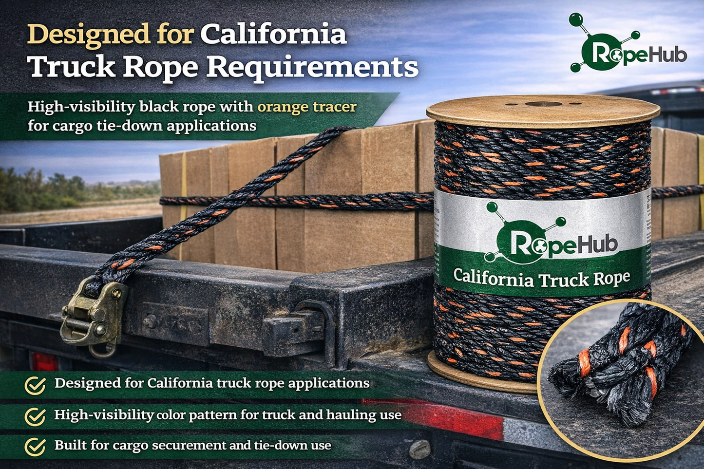 Polypro California Truck Rope (3/8 inch - 3/4 inch) Twisted Polypropylene Rope - Floating Rope (10 ft - 600 ft, Black and Orange)