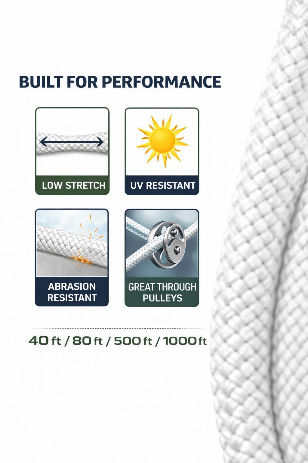 Solid Braid High-Performance Polyester Rope (White) — Flagpole Halyard / Marine Rigging Line (40–1000 ft)
