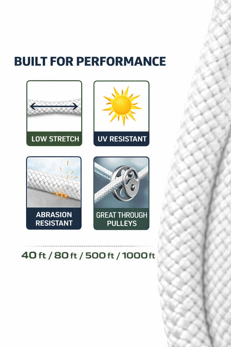 Solid Braid High-Performance Polyester Rope (White) — Flagpole Halyard / Marine Rigging Line (40–1000 ft)