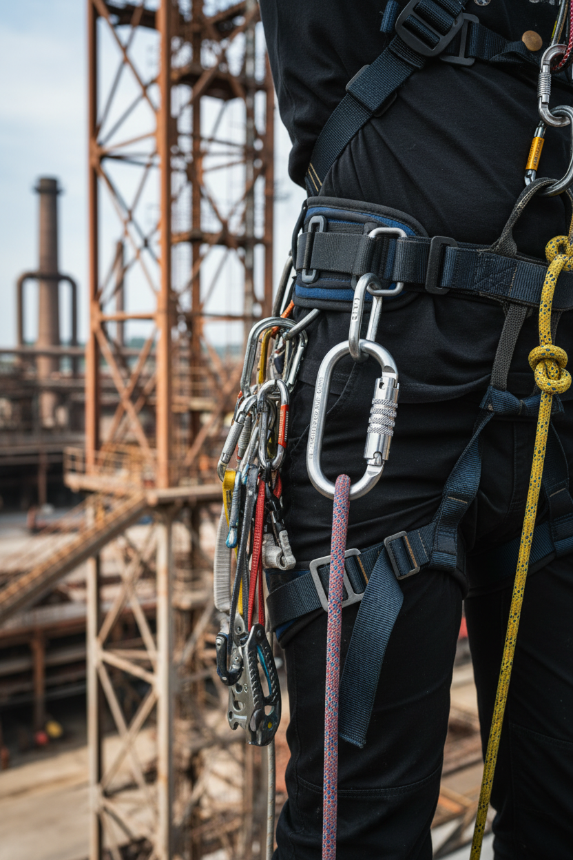 Rope access technician at height with Armbury Oval Steel Carabiner clipped to harness