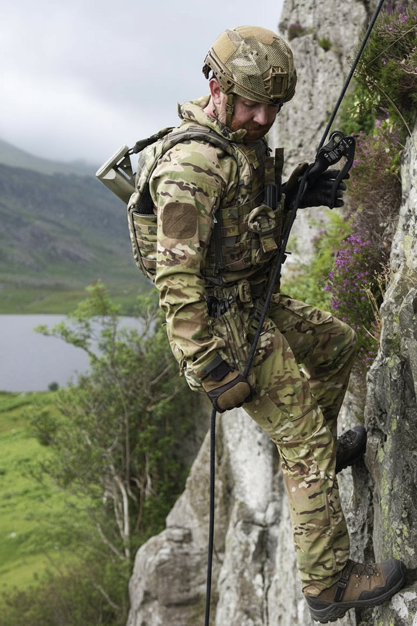 Professional rappelling with ARMBURY DSD Plus descender on cliff face