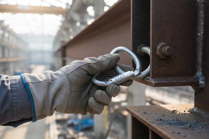 Gloved worker's hand clipping ARMBURY D Steel Carabiner onto a steel anchor point