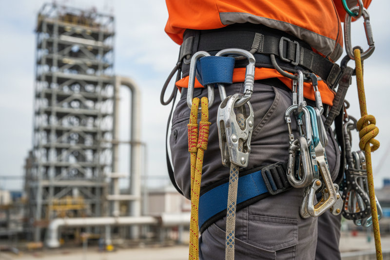 ARMBURY D Steel Carabiner on rope access worker waist harness with full rigging gear