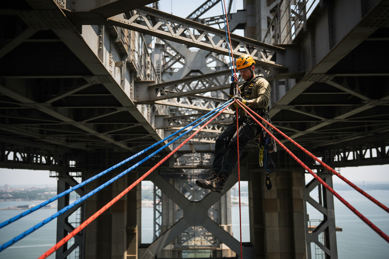 Rope access inspector rappelling on suspension bridge using Skyline Access Static Rope