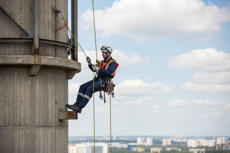 Rope access technician on industrial structure with ARMBURY D Steel Carabiner on harness